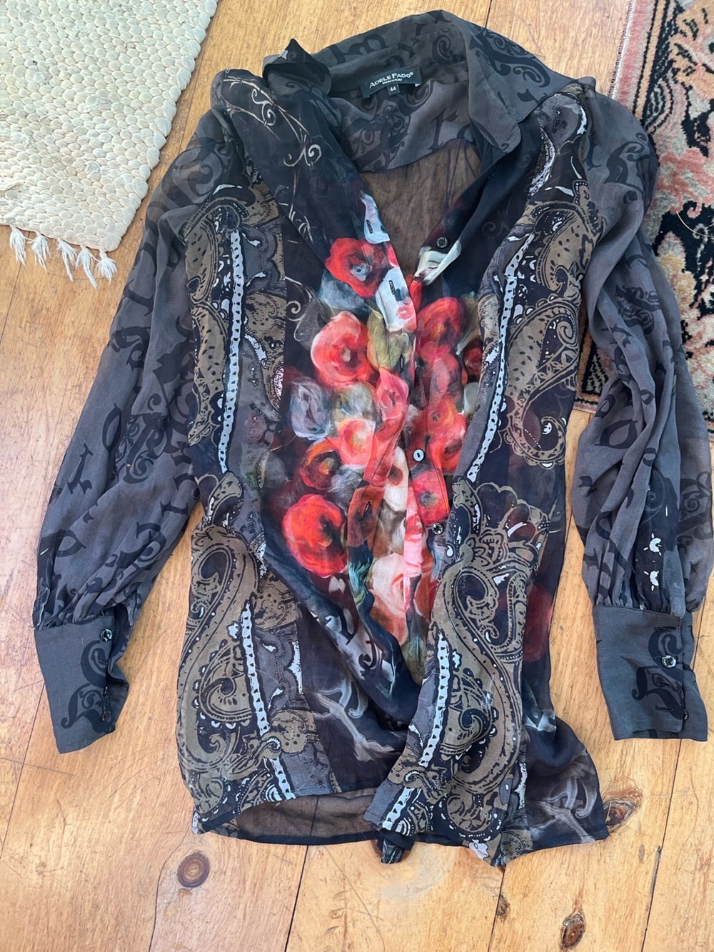 ADELE FADO , Italy Sheer Floral Paisley Button-Front Blouse in Black /Red 44